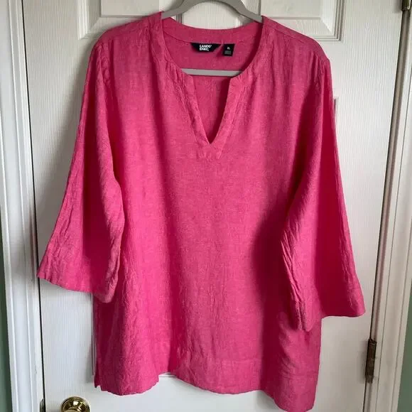 Lands’ End Tunic Top Sz XL Linen Blend Pockets Pink V-Neck Lagenlook Casual - Picture 12 of 12